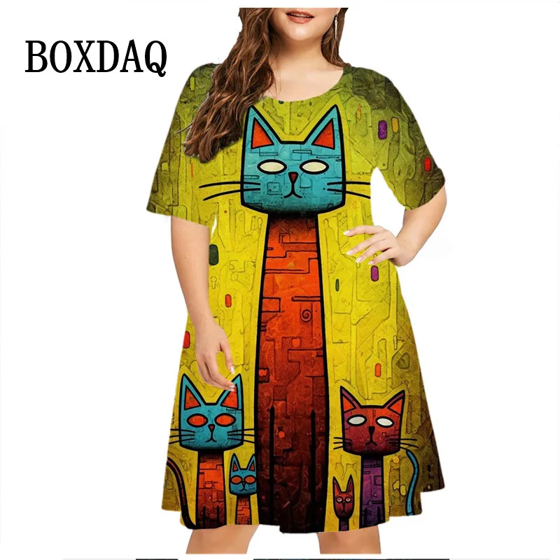 

Women's Dress Cartoon Cat Painting Cute Print Casual Holiday Weekend Short Sleeve Dress Summer O-Neck Basic Oversized Clothes