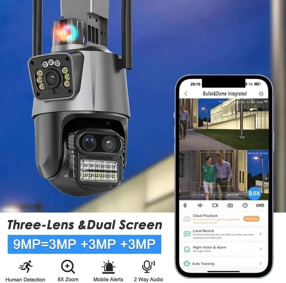 Cámara de seguridad WiFi para exteriores con tres lentes, 9MP, pantalla dual, zoom de 8x, seguimiento automático, detección de personas