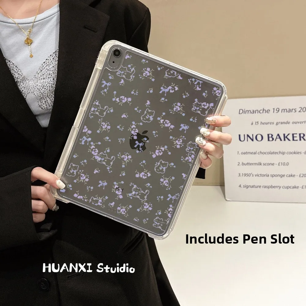 غطاء حماية قابل للفصل لجهاز آيباد مع مسار انزلاقي، تصميم زهور بنفسجية مع قطة، متوافق مع آيباد برو 3 إصدار 2025، مضاد للانحنا...