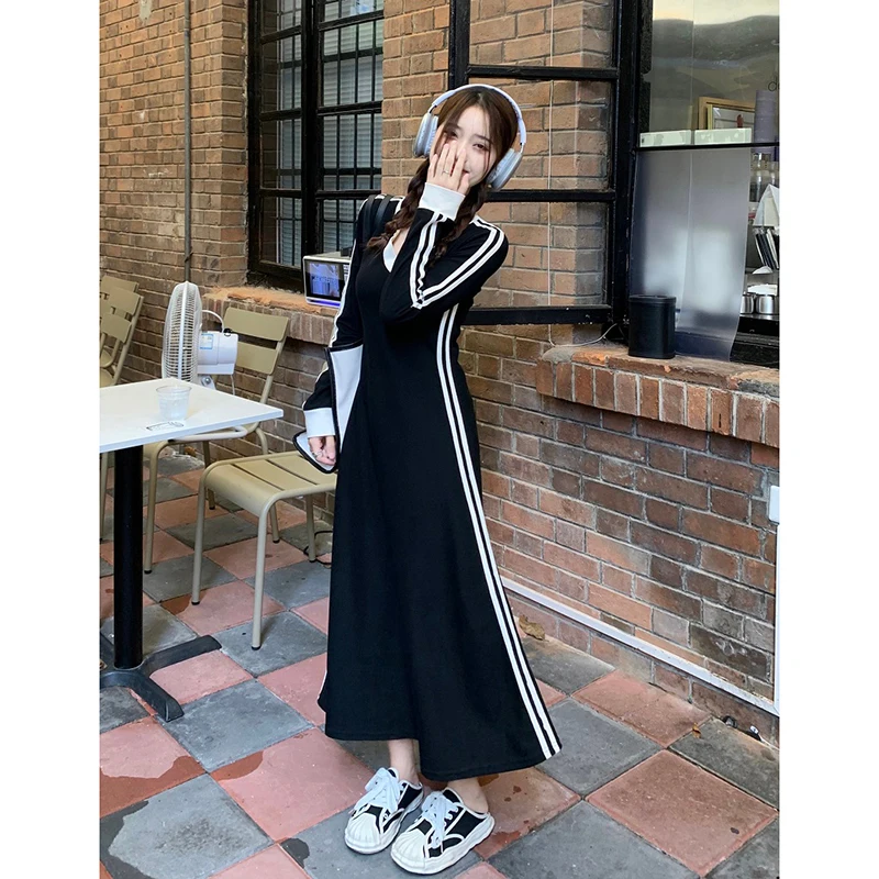 Contrast Color V-neck Women Autumn Long Sleeve A-line Casual Long Dress