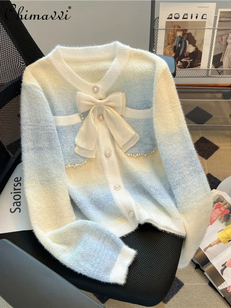 

Женский трикотажный кардиган, голубой однобортный Кардиган с длинным рукавом и бантом из бисера, с градиентом, весна-зима 2024