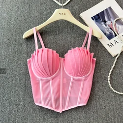 korean fashion mesh summer Fashion fishbone camis Corset  Slim Hotsweet Tank Top Women sweet crop top