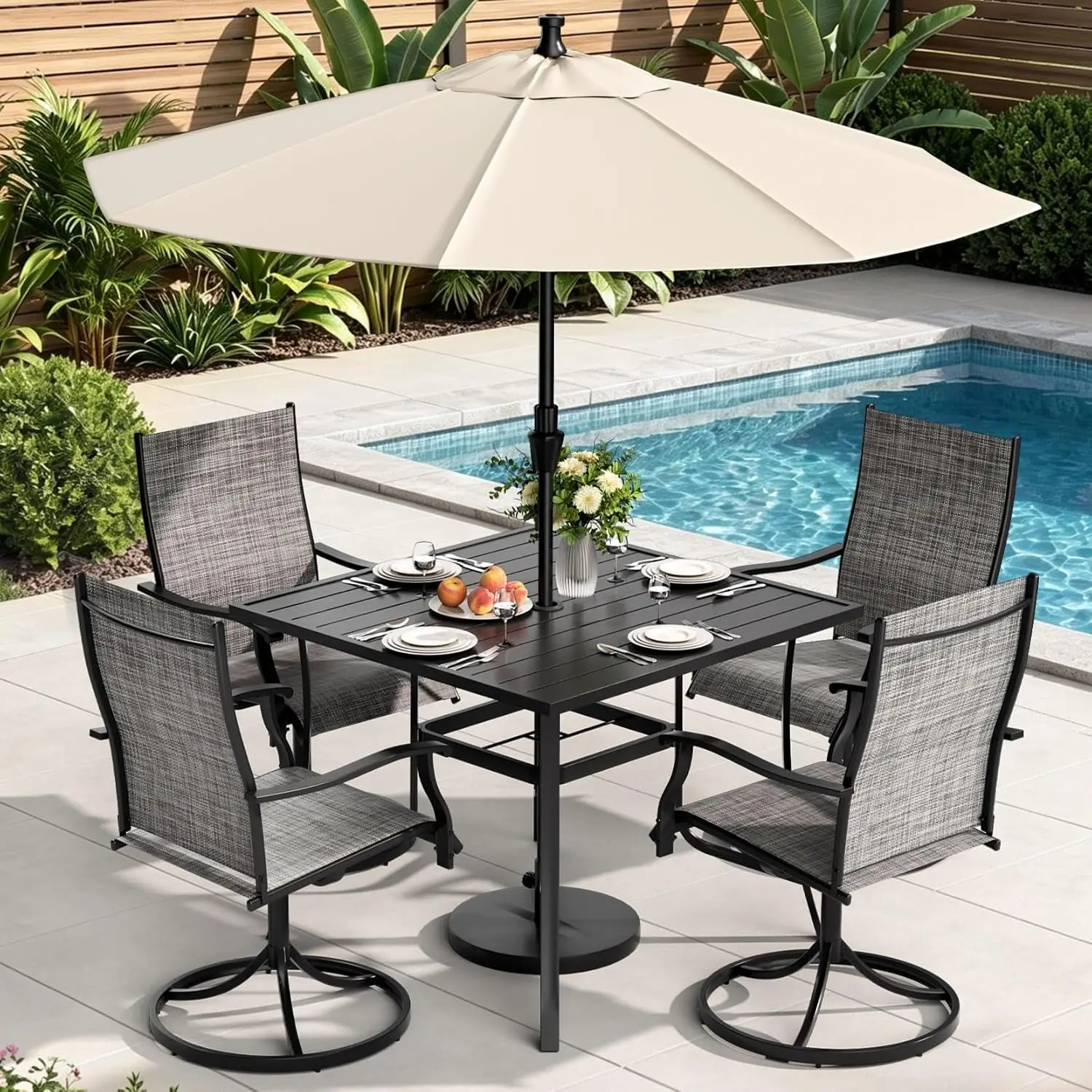 5 Piece Outdoor Dining Set, All Weather Patio Table And Chairs Set, 4 360° Swivel Textilene Chairs & 35.8