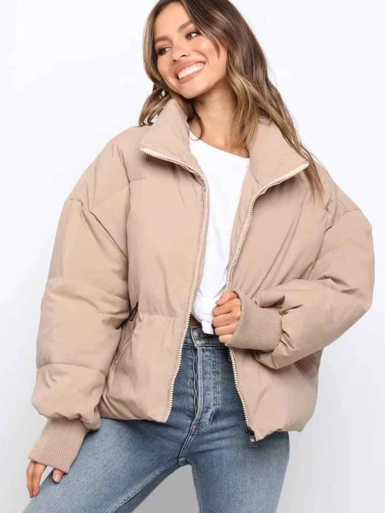 10 Color Women\'s Winter Stand Collar Zip Puffer Jacket Baggy Short Padded Down Coats Cropped Puffer Long Sleeve Zip Coats