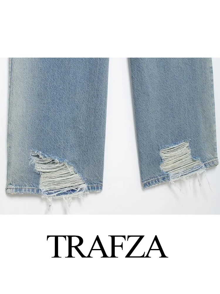 Trafza moda feminina bolsos mid-rise solto jeans feminino verão high street rasgado decorado casual calças de perna reta mujer