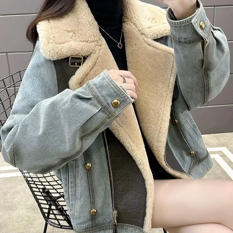 Lamb Wool Fur Denim Jacket Women's Overcoat Autumn Winter New Denim Pike Fashion Loose Splicing Fur One Casual Jeans Coat Tops