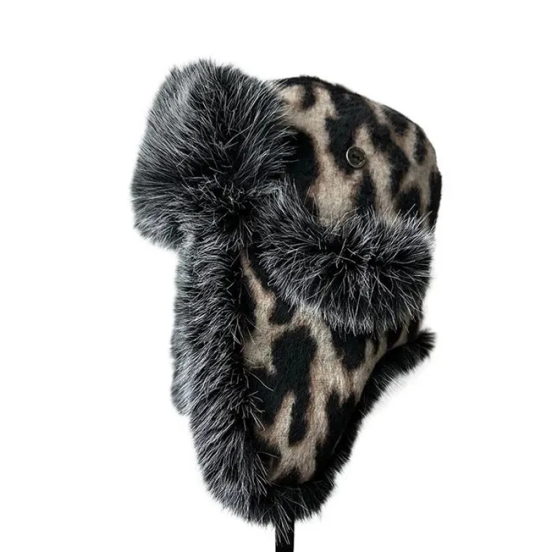 ヒョウ柄フェイクファートラッパーハット、ユニセックスY2Kストリートウェアゴシックハット、エッジの効いた冬用暖かいカジュアルヘッドウェア、寒い天候用