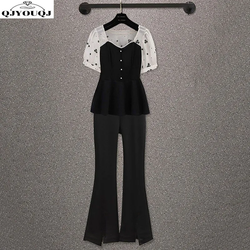 

Professional suit summer new item 2024 plus size women's clothing age reducing and slimming top flared pants two-piece set