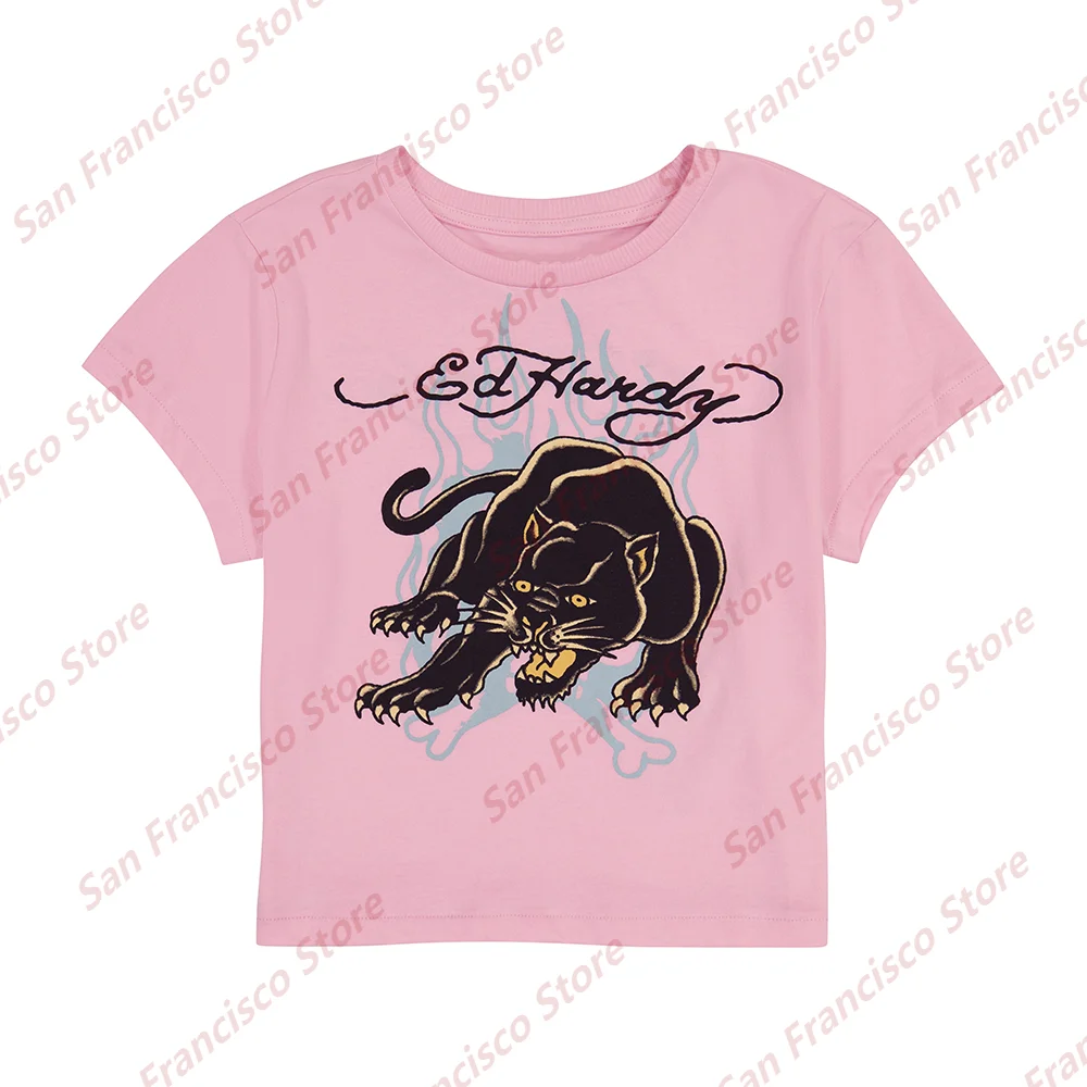 Ed Hardy Luxury New Panther Flame Pattern Lady Fashion Cotton Pink T-Shirt Couple Street Tees Trend Brand Women Casual Clothing