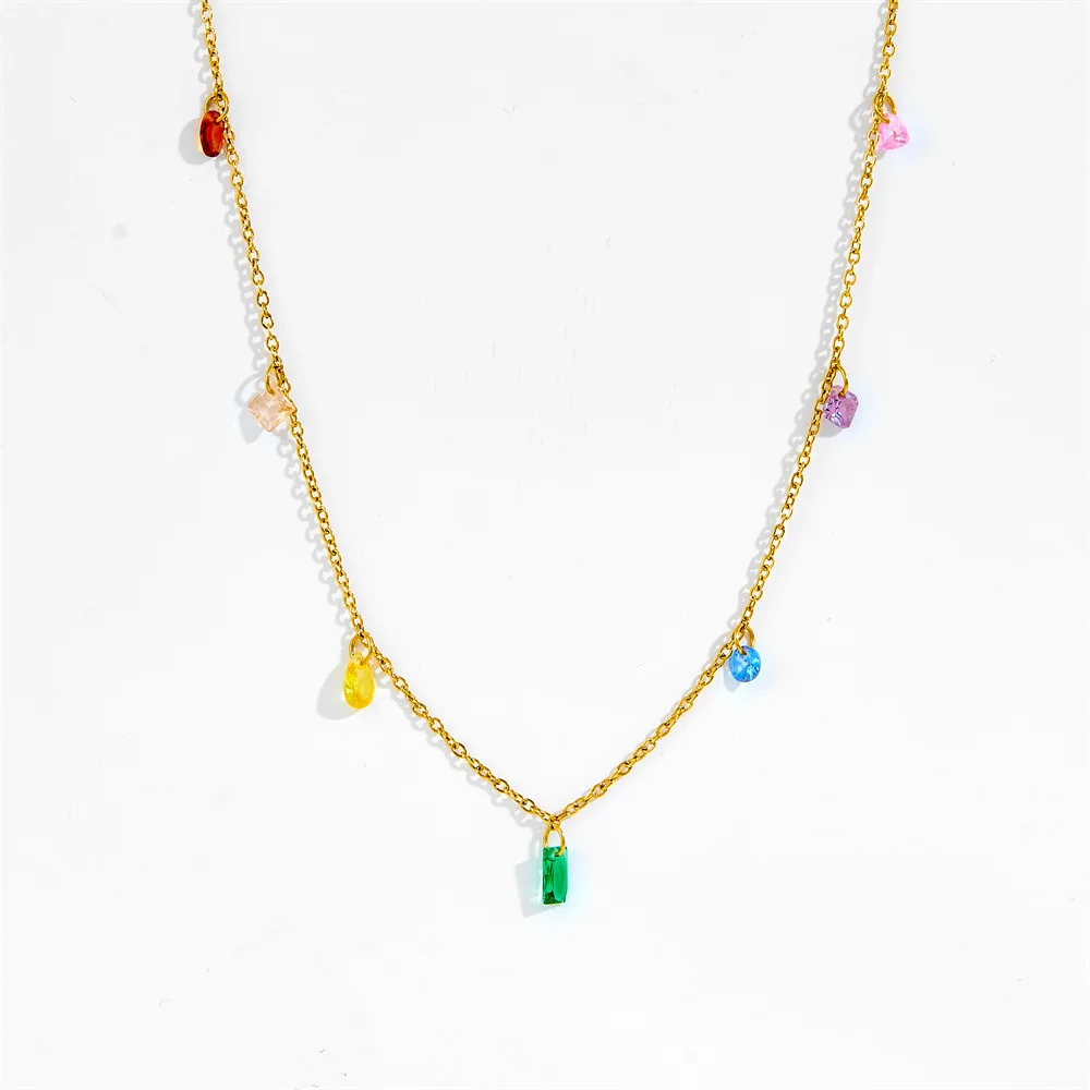 Cute Small Tiny Multicolor Zirconia Geometry Pendant Female Gold Color Stainless Steel Link Chain Necklace for Woman Jewelry