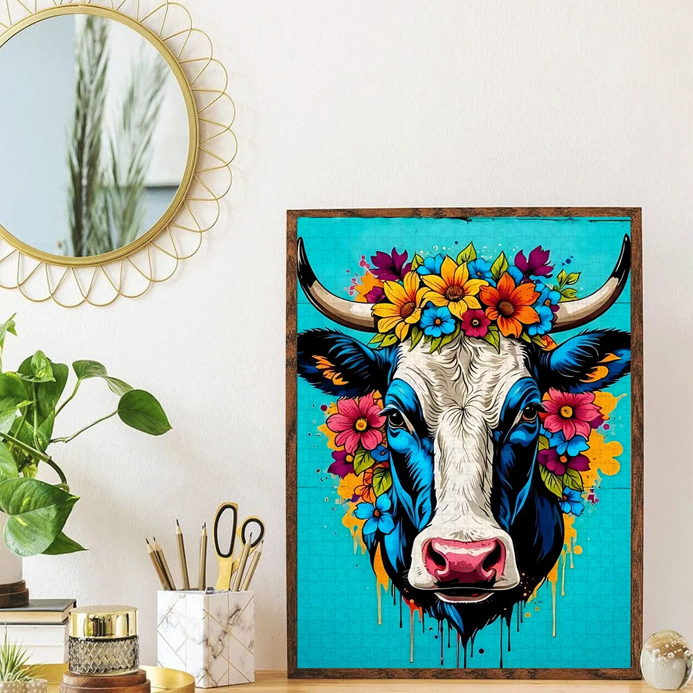 Quebra-Cabeça Vibrante com Tema Floral e Graffiti de Vaca, Jogo Intelectual para Adultos, Brinquedo Decorativo para Lazer em Casa