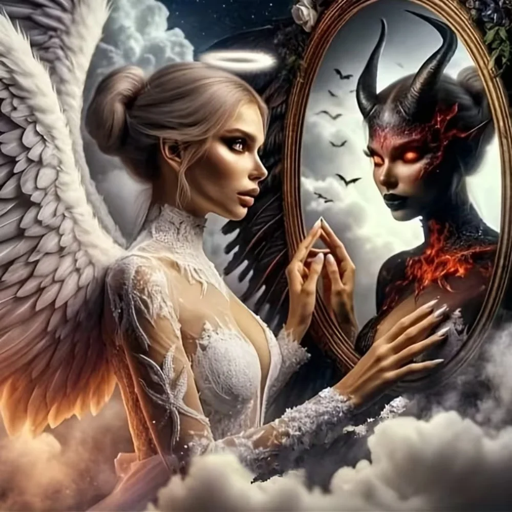 Momoart Diamond Embroidery Angel Demon Painting Woman Portrait DIY Full Square Round Diamond Mosaic Beaded Decor for Home