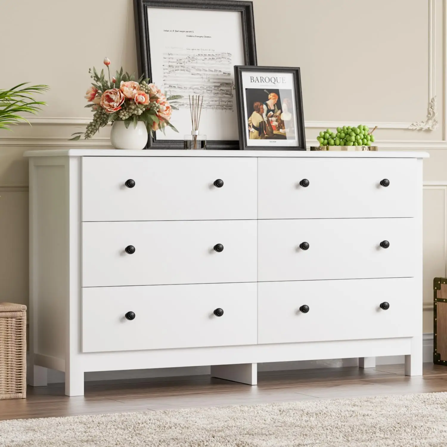 

White Dresser, Modern 6 Drawer Double Dresser for Bedroom Adults & Kids with Black Pulls, Wide Dressers & Chests of Drawers, 6