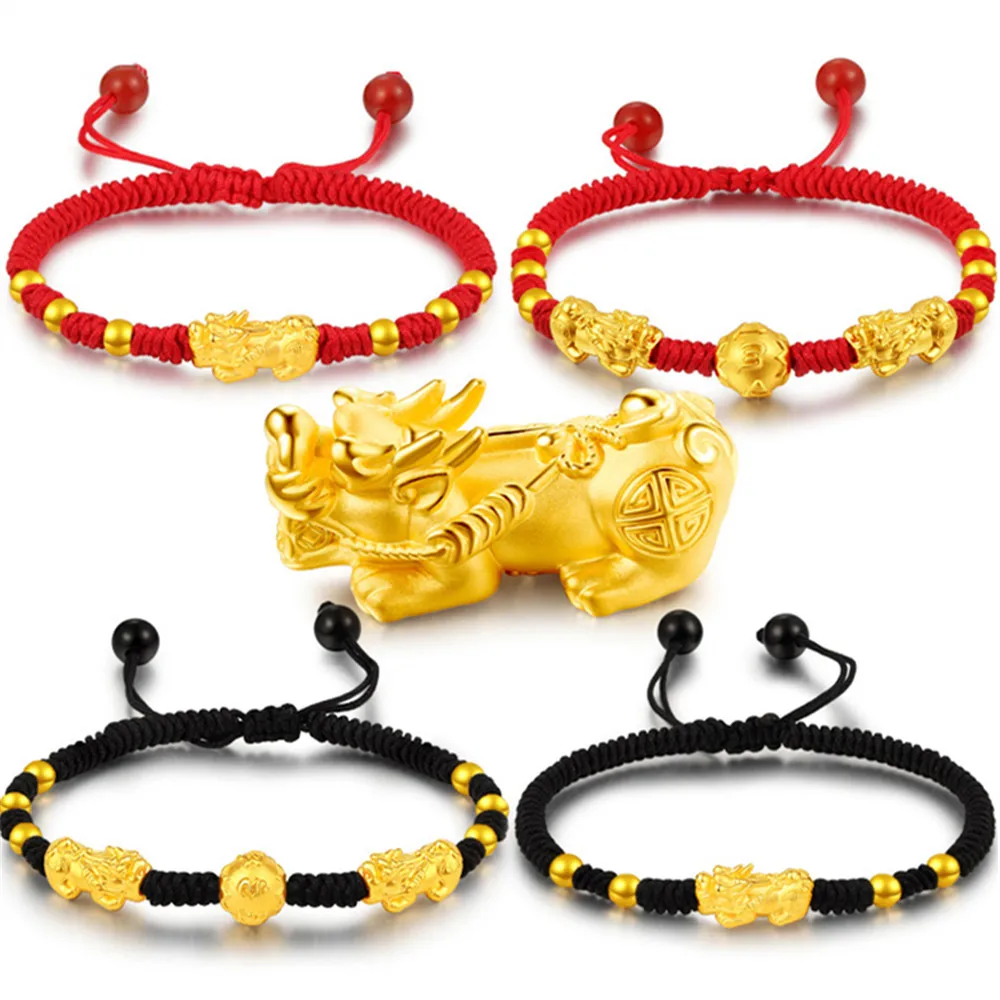 

Pure 999 24K Yellow Gold 3D Bless Dragon Son Pixiu Coin Ball Beads Bracelet