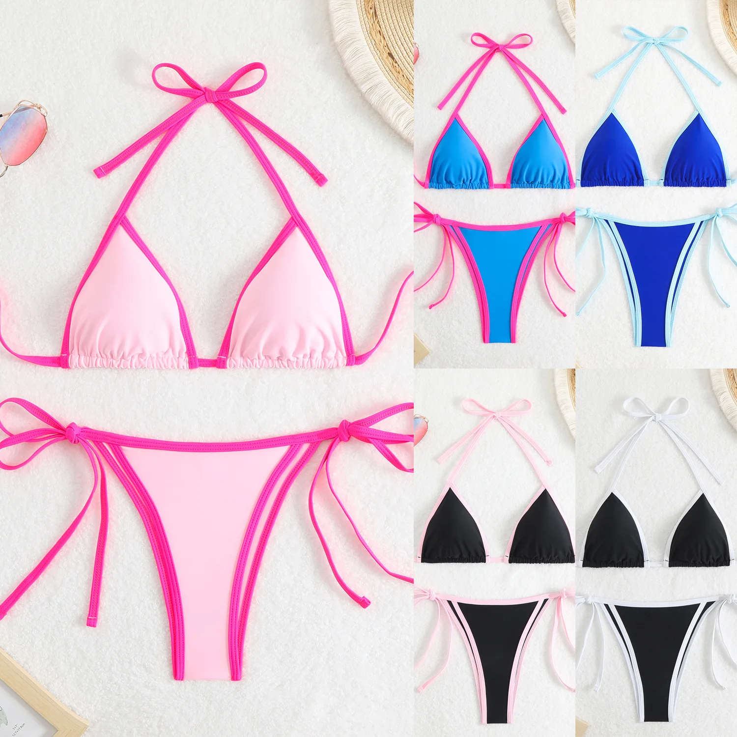 

Bathing Suit Women Solid Color Women's Split Sexy Triangle Color Matching Bikini European And American Lace-up Beach Hot Spring