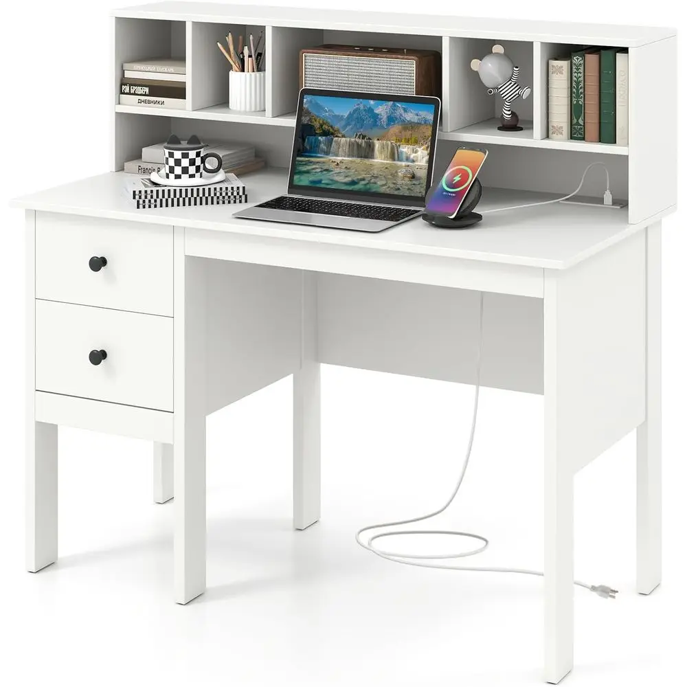 

Modern Home Office Desk with Charging Station, 5-Compartment Storage, Laptop and Makeup Vanity Desk