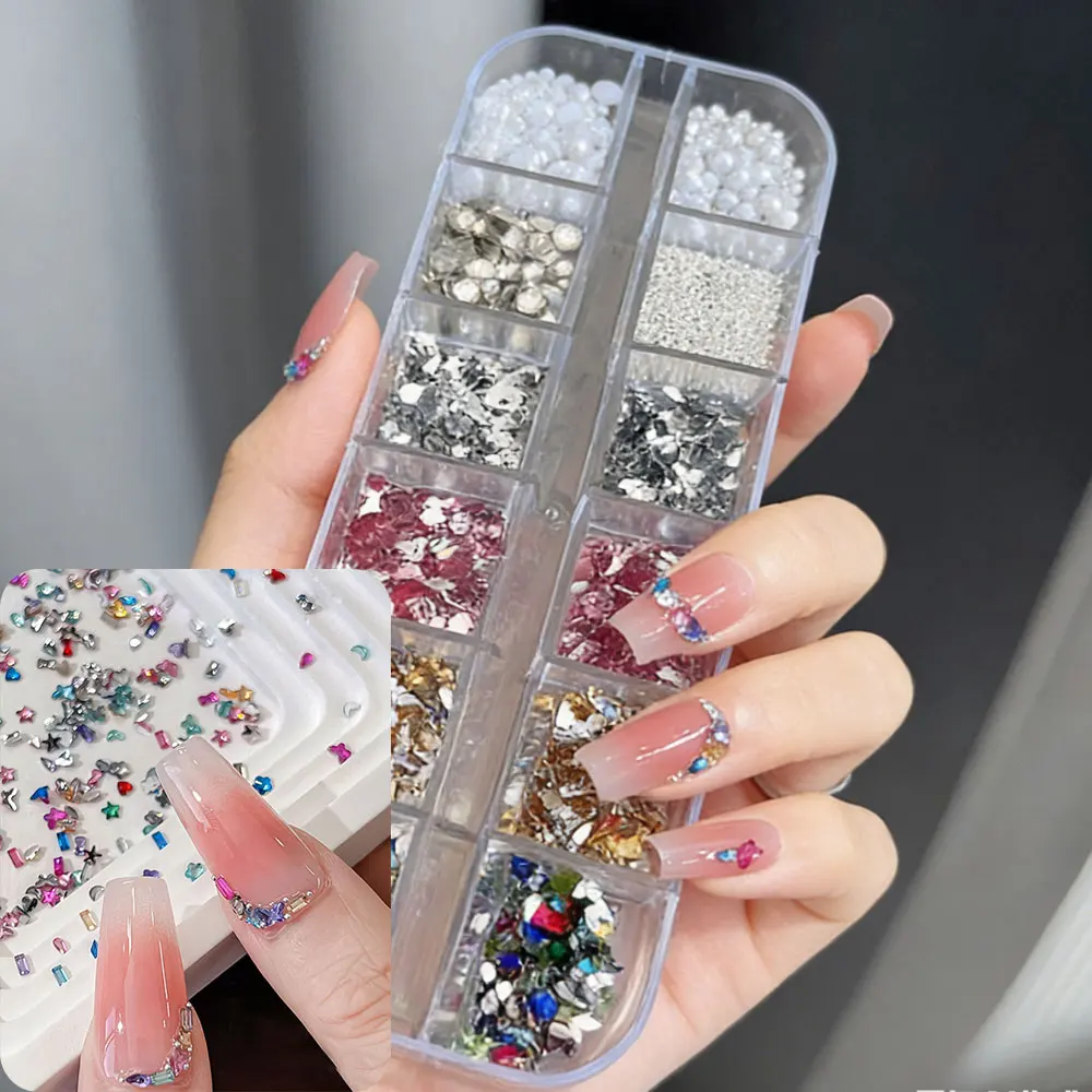 1박스(12칸) 믹스 컬러 불규칙 네일아트 라인스톤 진주 스틸 비즈 플랫백 크리스탈 네일 참 DIY 매니큐어 장식