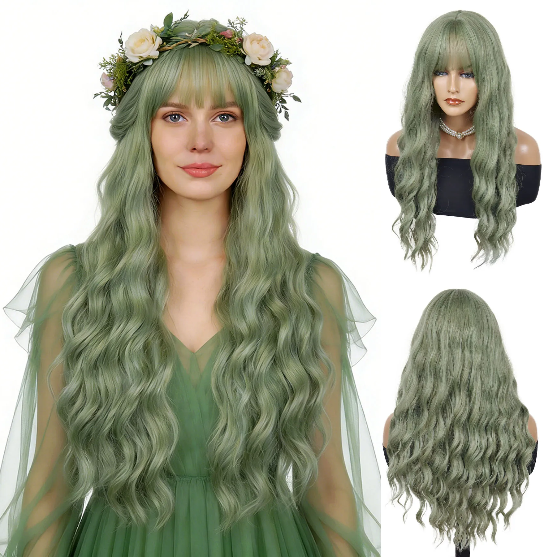 

28-дюймовый синтетический зеленый парик для белых женщин, длинный волнистый парик с челкой, для Рождества, Хэллоуина, ролевых игр, голубисто-синий парик в лесном стиле