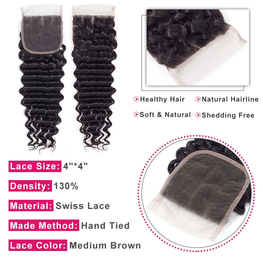 Miss Rola 4x4 Deep Wave Water Wave chiusura in pizzo per capelli umani colore naturale chiusure brasiliane Remy Wave con i capelli del bambino Pre pizzicati