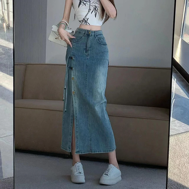 Women's Vintage Denim Skirt High Waist A-line Thin Korean Denim Slip Midi Skirt Summer Fashion Design-Breasted Split Hip Skirt