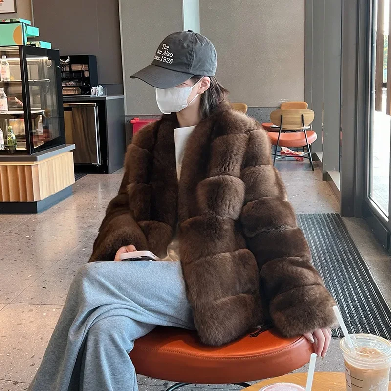 سميكة الدافئة السمور جولة الرقبة تقليد الثعلب الشعر المألوف الملابس الشباب الملابس النسائية الخريف الشتاء المرأة معاطف فو الفراء #2