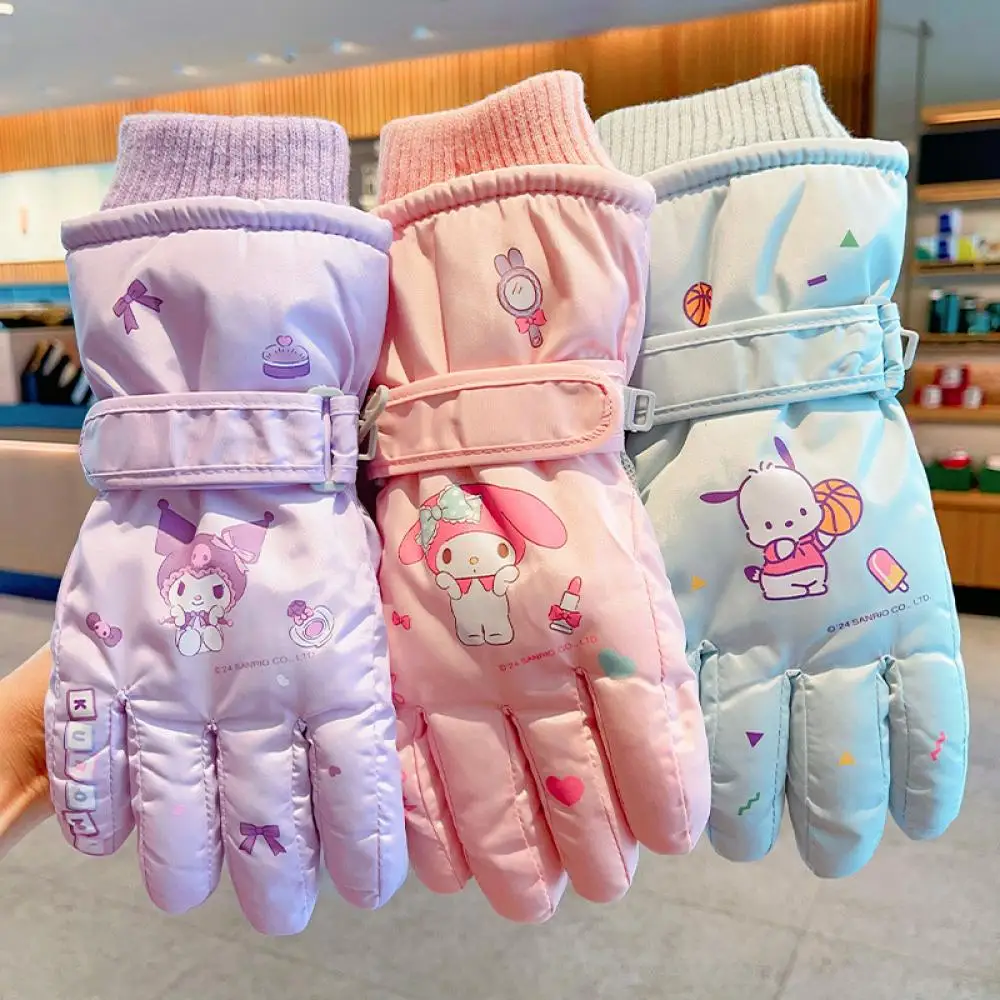 Kawaii Pochacco Anime Sanrios Kuromi Melody Y2K Kids Plush Ski Gloves High Quality Winter Warm Glove Waterproof Thicken Mittens