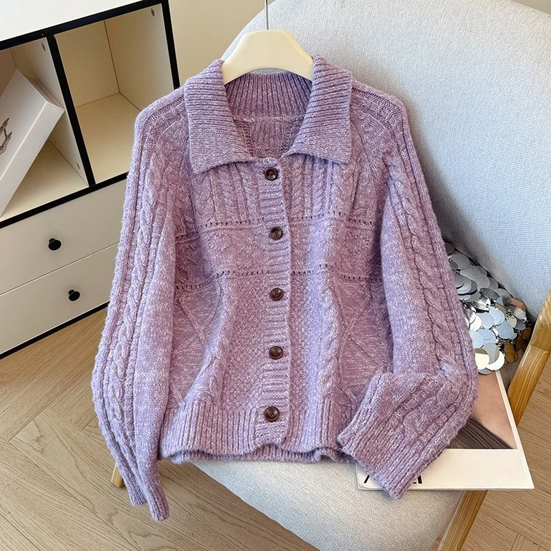 

Seoulish, осенне-зимний однобортный винтажный вязаный женский кардиган с длинным рукавом и отложным воротником, повседневный свободный свитер женский