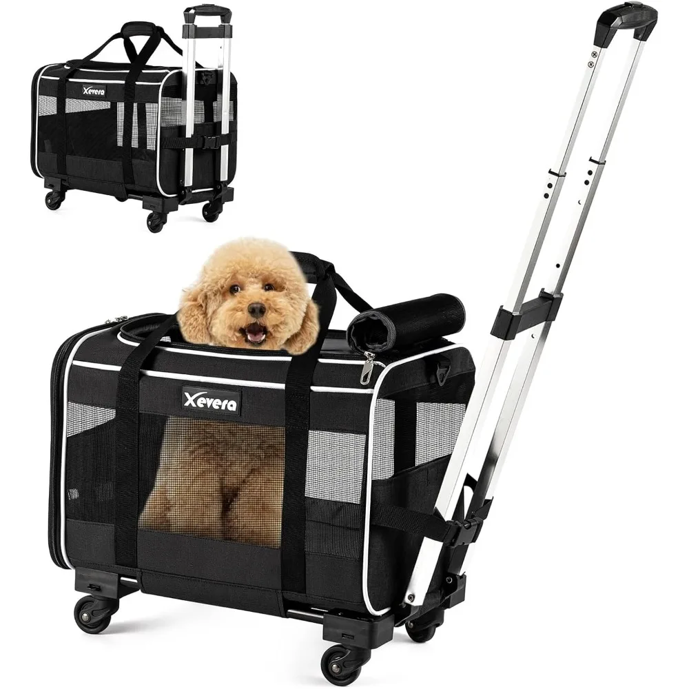 

Cat Dog Carrier with Wheels Airline Approved Rolling Pet Carrier with Telescopic Handle, Black, Shoulder Strap and Pet Carrier