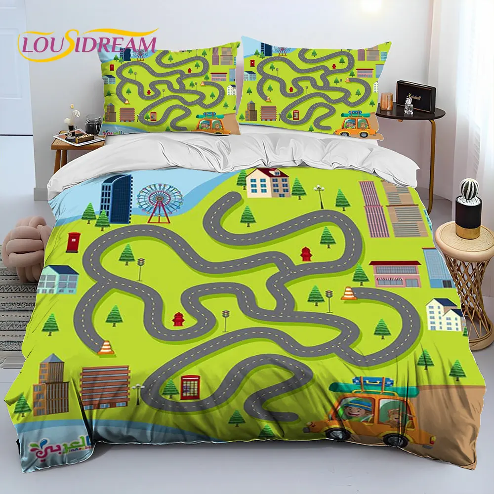 

Child Highway City Traffic Comforter Bedding Set,Duvet Cover Bed Set Quilt Cover Pillowcase,King Queen Size Bedding Set for Kids