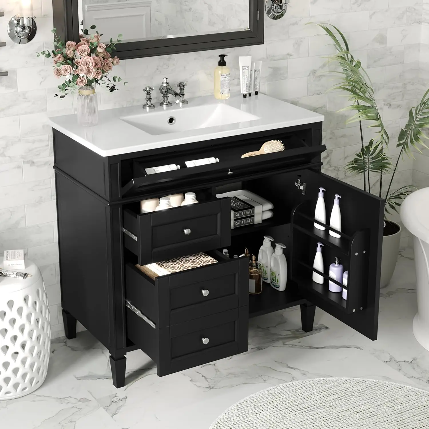 

36" Modern Single Sink Bathroom Vanity Combo Undermount Cabinet 2 Drawers Tip-Out Freestanding Soft Close Solid Wood, Customized
