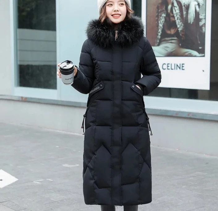 Damen-Winter-Daunenjacke, elegant, mit Kapuze, Pelzkragen, dick, wärmend, schmale Passform, koreanische Mode, mittellang