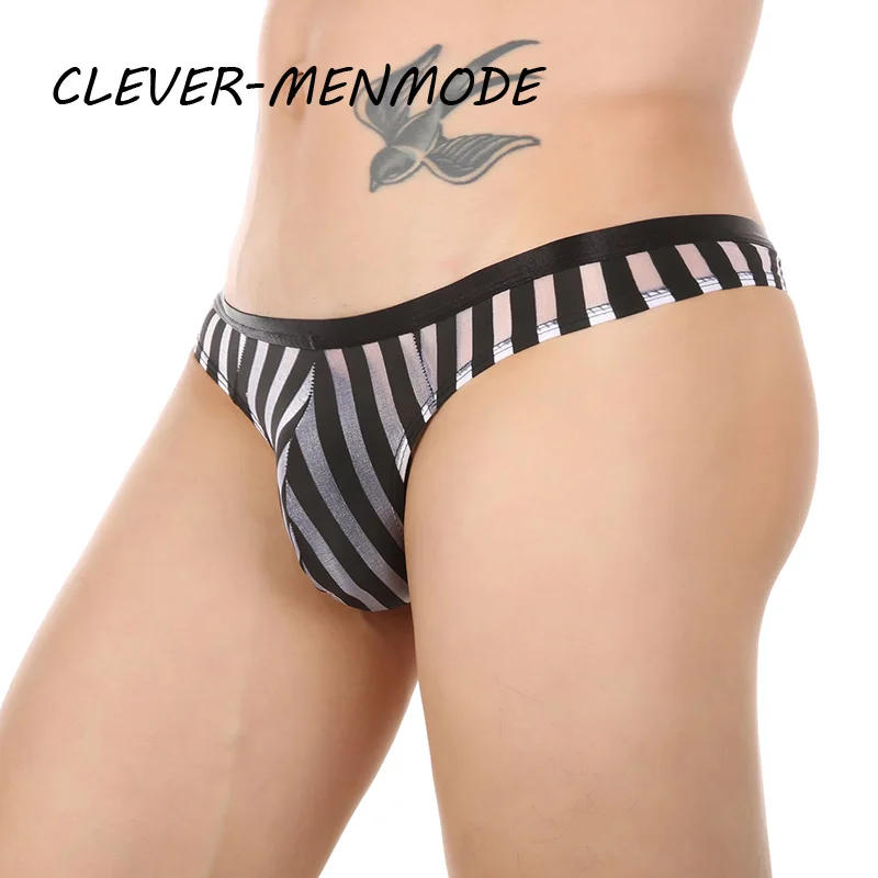 CLEVER-MENMODE Sexy Men\'s Underwear Transparent See Through Striped Thong Breathable Mesh Bikini U Convex Bulge Pouch Panties