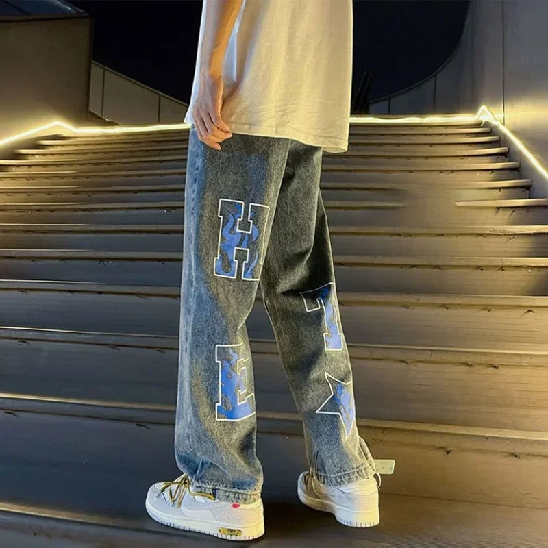 Trousers With Print Male Cowboy Pants Straight Jeans For Men Star Black Stylish Autumn Clothing Designer Korean Style Denim Xs