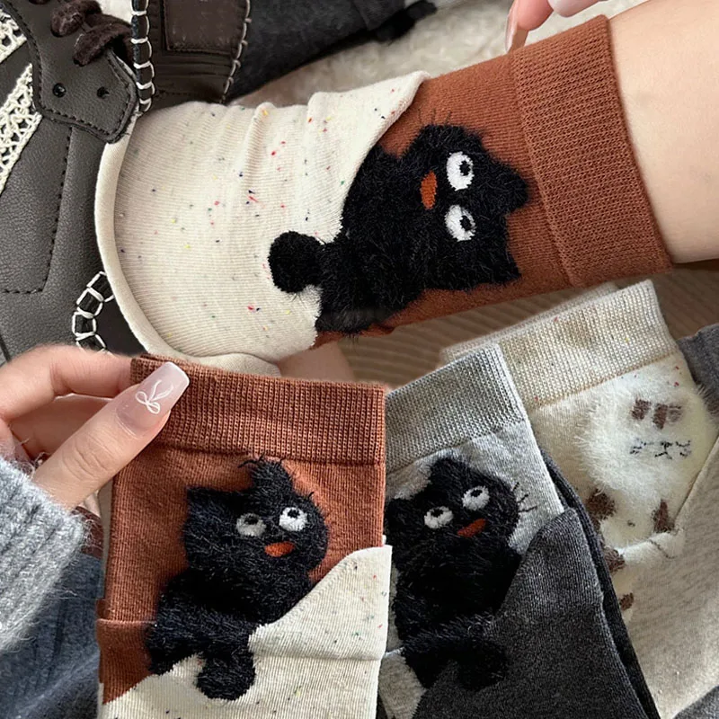 Cartoon Cat-Print Flocking Socks for Women Cute Velvet-flocked Animal Mid-tube Stockings Autumn Winter Warm Flocking Cat Sock