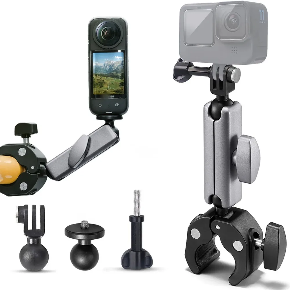 360° Rotatable Aluminum Alloy Handlebar Clamp For GoPro13 12 11 Insta360 X4 Osmo Action4 Motorcycle Bike Tube Camera Holder