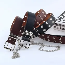 Women Punk Chain Fashion Belt Adjustable Double/Single Row Hole Eyelet Waistband with Decorative Belts