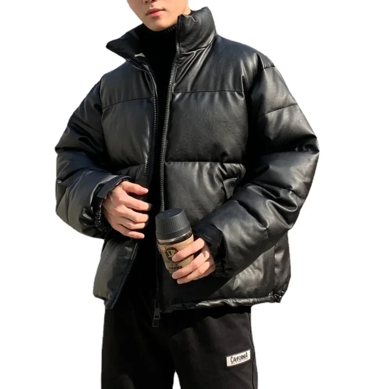 Thicken Solid Color Mens Parkas  Warm Winter Leather Coats Fashion Male Loose Cotton Padded Jackets