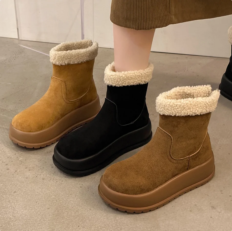 

Зимние уличные женские ботильоны, женская плюшевая теплая хлопковая обувь, классическая дизайнерская обувь на платформе, женские теплые зимние ботинки на молнии сзади