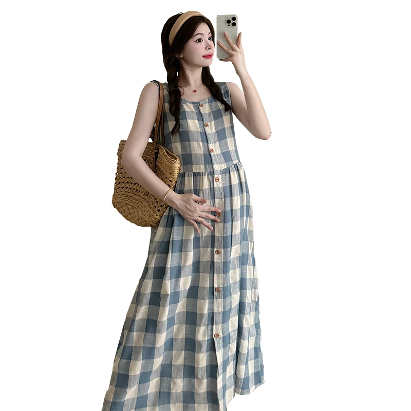 Summer Fashion Cotton Plaid Maternity Long Dress Sleeveless Loose Straight Clothes for Pregnant Women 24ss Y2k Youth Baby Shower