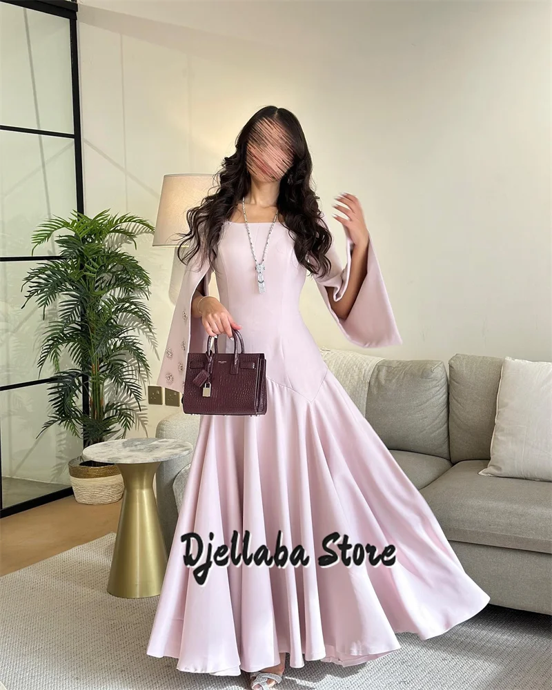 

Customized Elegant Pink Evening Dresses 2025 Satin Ankle Length Prom Gowns With Long Sleeve Beading Formal Occainsion Dress