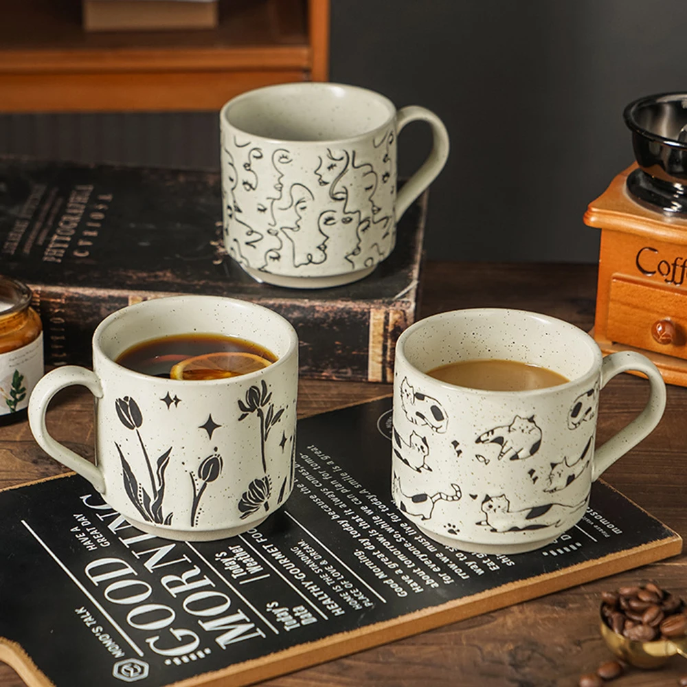 

Black White Contrast Ceramic Mug Vintage Stoneware Coffee Milk Cup Creative Design Mug Niche Style Daily Home Tableware
