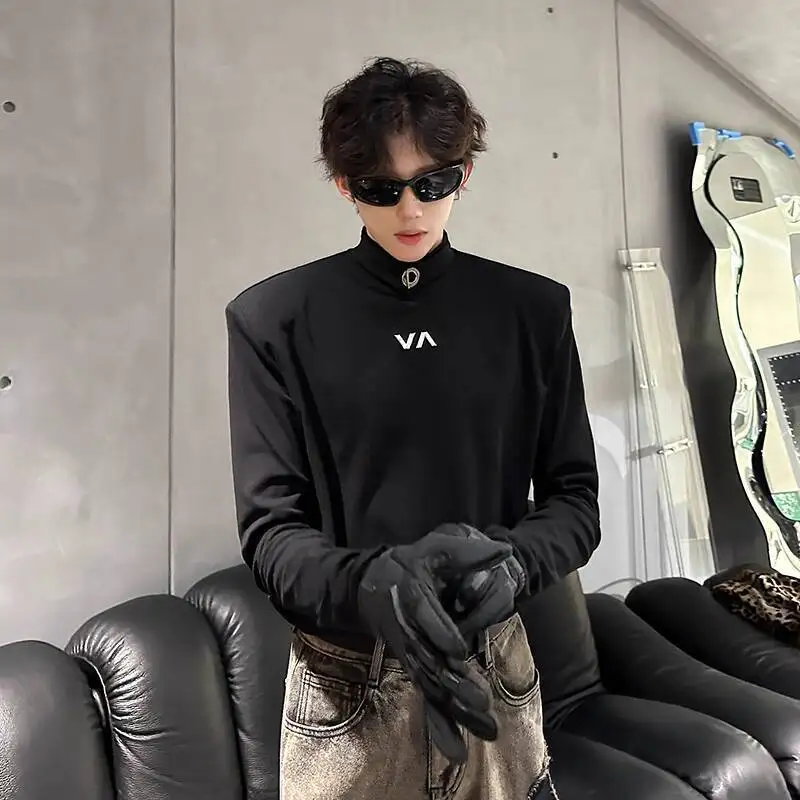 WTHT Fashion Men's Solid Color Spliced Metal Design Loose T-shirts Trendy Stand Collar Long Sleeves Tops Male 2025 Autumn 2A2182