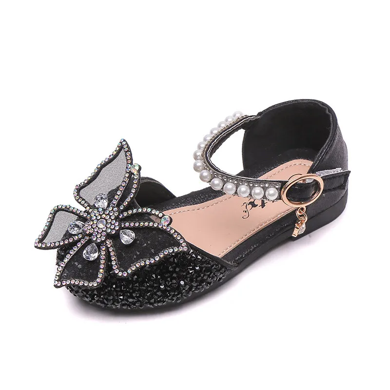 Girls Sequin Lace Bow Kids Shoes Girls Cute Pearl Princess Dance Single Casual Shoe 2022 New Children\'s Party Wedding Shoes