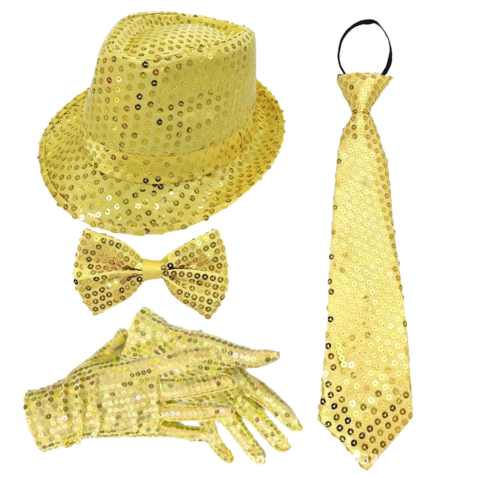 Fashion Men Woman Sequin Hat Bow Tie Gloves Set Carnival Ball Party Jazz Dance Show Props Costume Wedding Festival Decoration