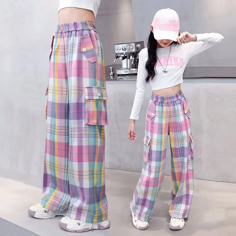 Girls Pants Children's Streetwear Casual Kids Clothes Spring Autumn Korean Fashion Plaid Large Size Sweatpants Girls Cargo Pants