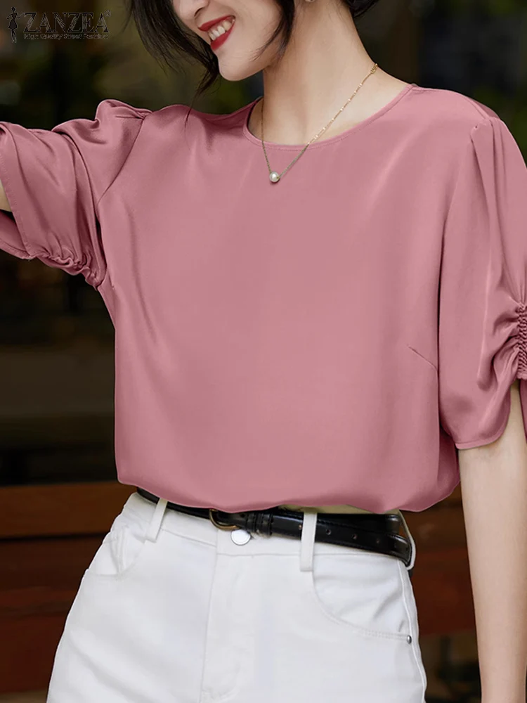 2024 ZANZEA Fashion Office OL Blouse Women Summer Short Sleeve Shirt Elegant O Neck Blusas Solid Party Tunic Female Chemise