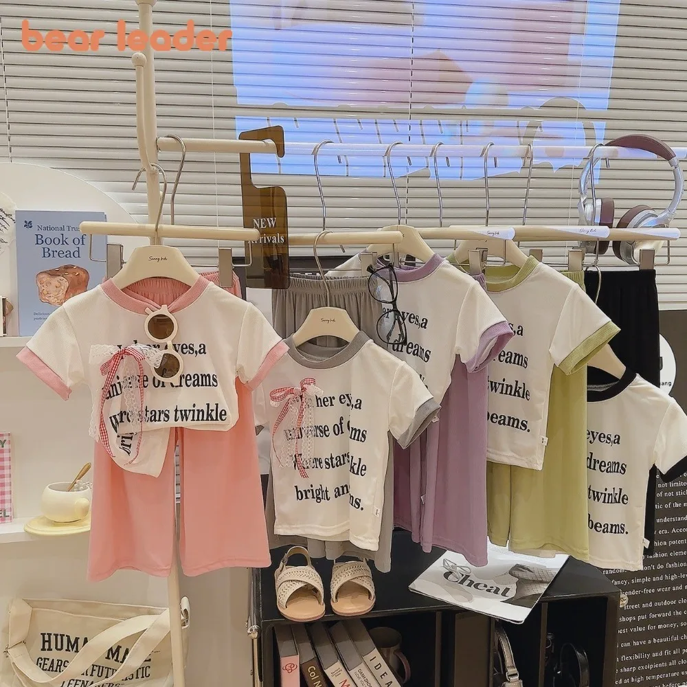 Bear Leader Summer Short Sleeved Girl Outfits Letter Printed Bow T-shirt Top + Pants Child Sets Casual Girls' Home Clothes