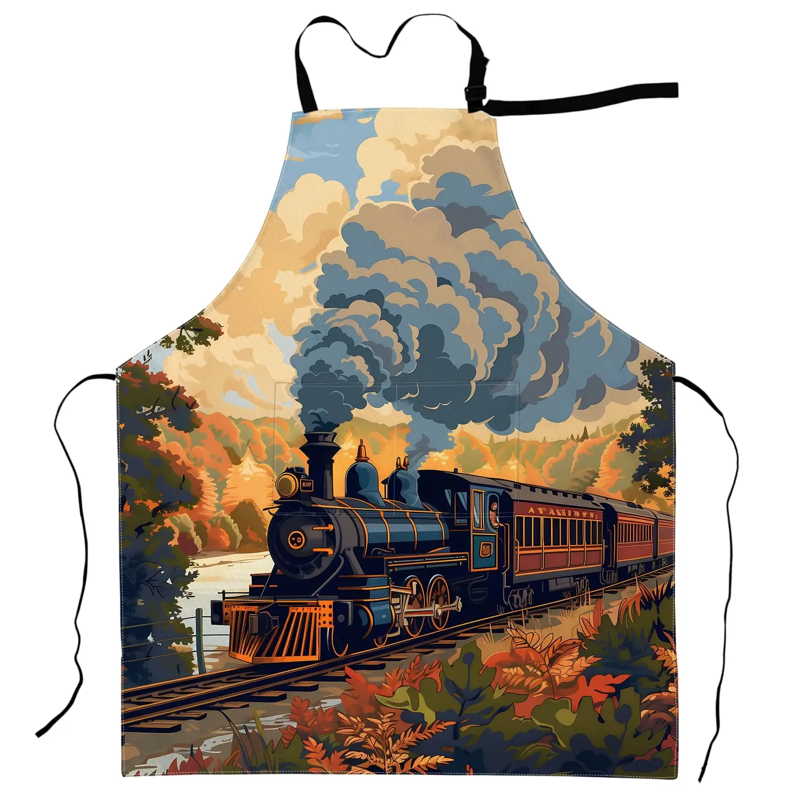 

Vintage Train Apron Retro Steam Engine in Autumn Landscape Aprons Waterproof Oxford Polyester Adjustable Pockets