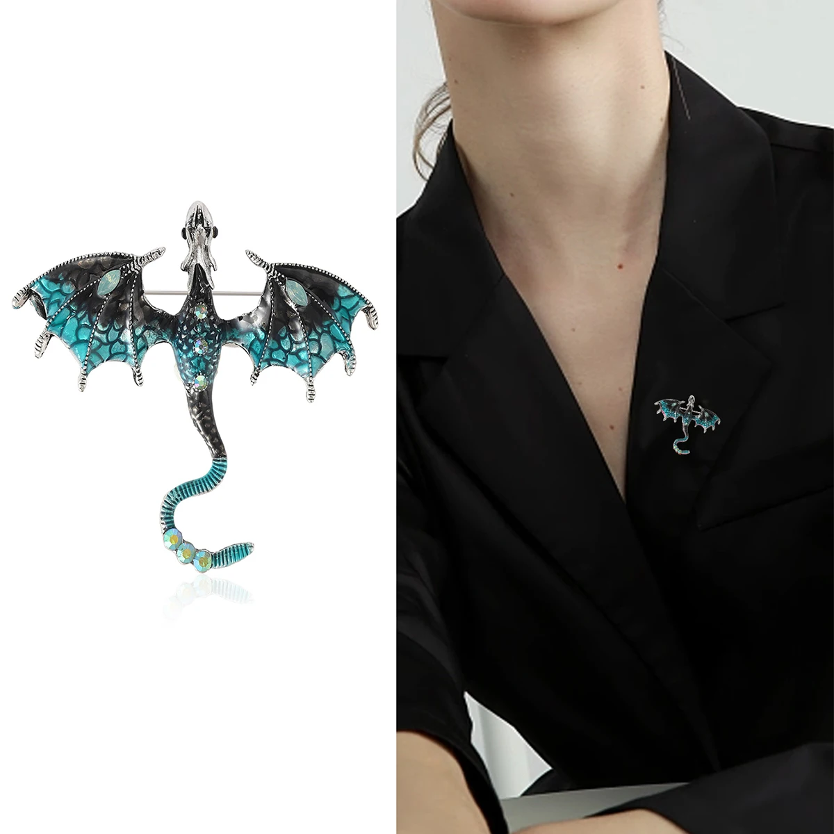 Enamel Dragon Brooches for Men Rhinestones Serpent Necklace Flying Dragons Pins Office Party Friend Gifts Accessories