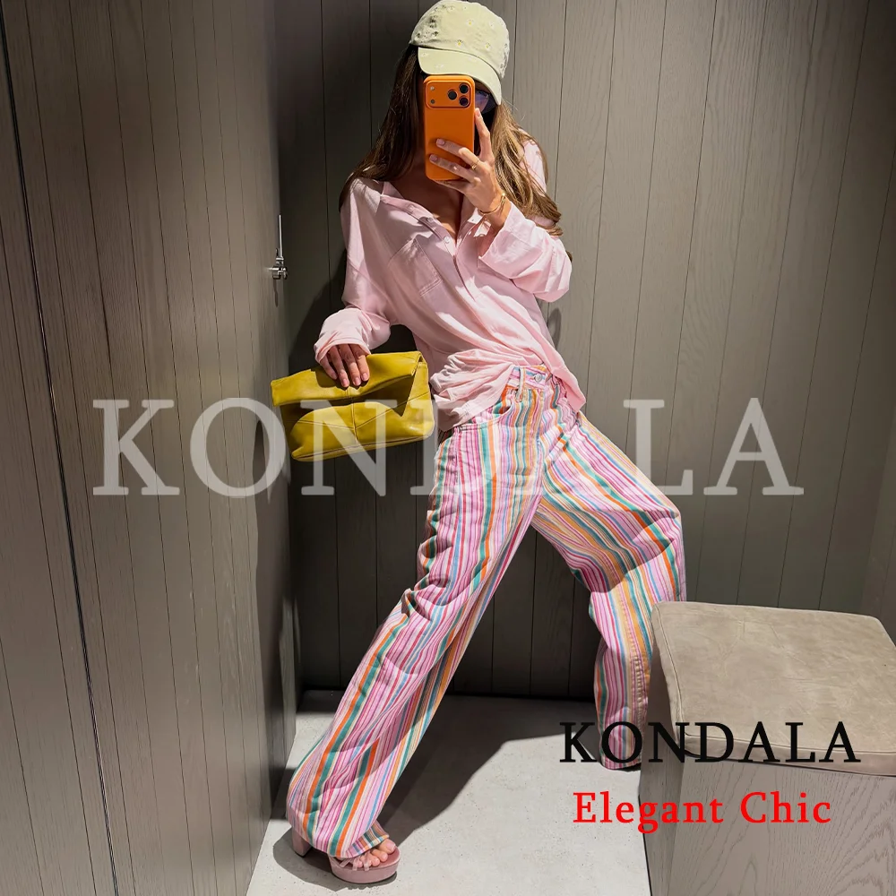 KONDALA Women Chic High Street Colorful Striped Jeans Music Festival Party Y2K Pants 2026 Early Autumn/Fall Trendy Denim Pants